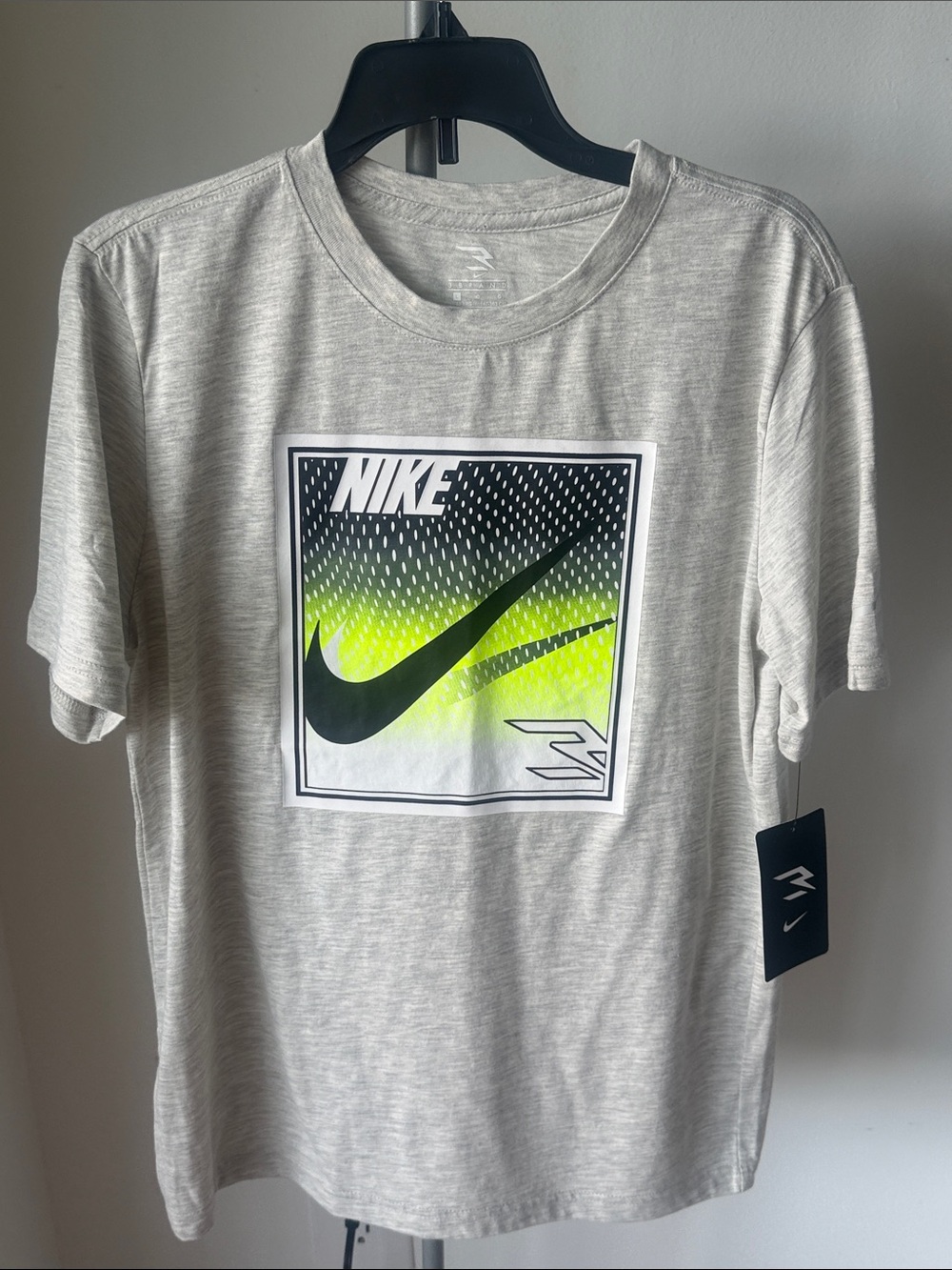 Nike Light Gray Short Sleeve Tee with Neon Green and Black Swoosh Graphic